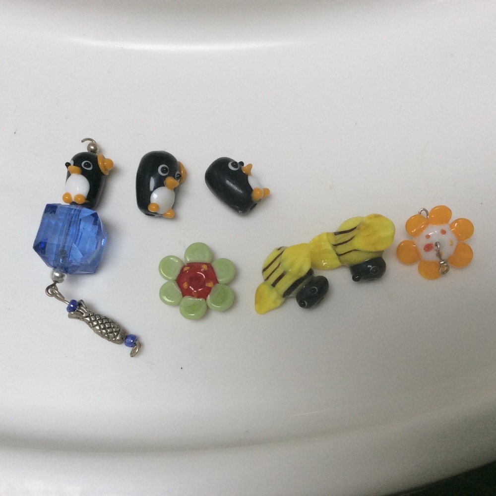 7 Lampwork Penguin, Flower, Bee Beads